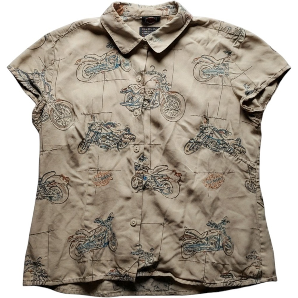 Harley-Davidson Blouse Womens Large Collared Short Sleeve Silk Motorcycle Top